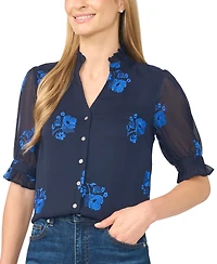CeCe Women's Floral-Embroidery V-Neck Elbow-Length Sleeve Button-Down Blouse