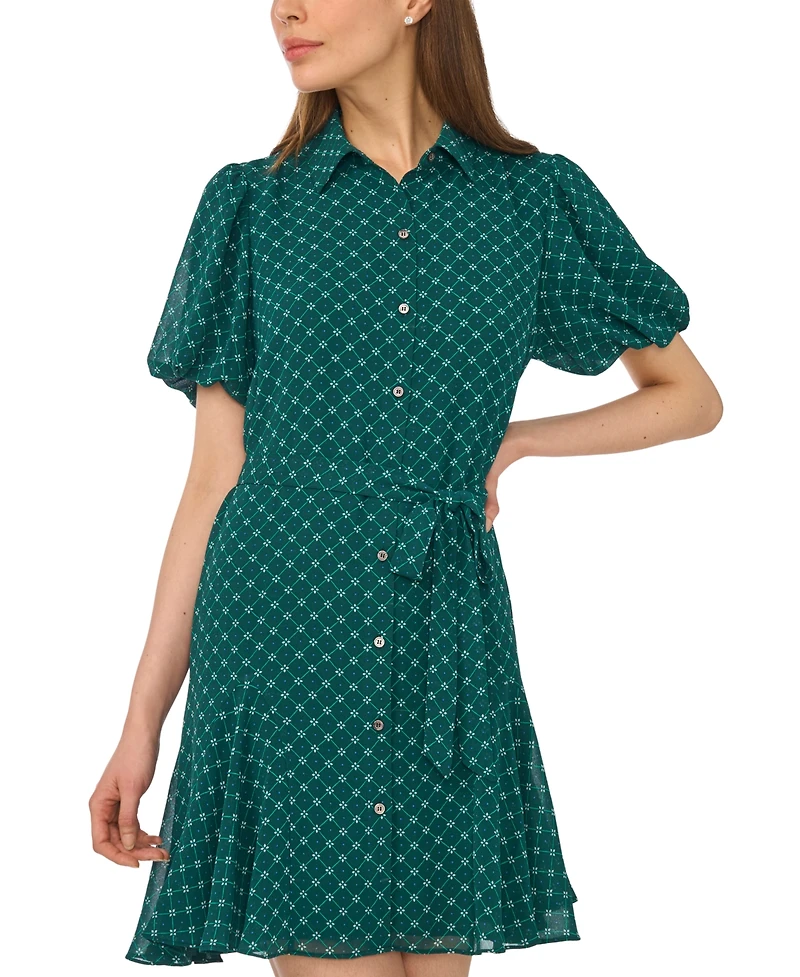 CeCe Women's Chiffon Waist-Tie Short-Sleeve Shirt Dress with Godets