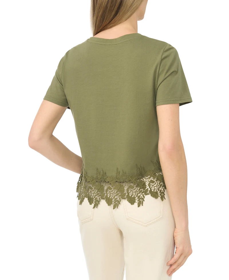 CeCe Women's Cropped Boxy Tee With Lace Trim T-Shirt
