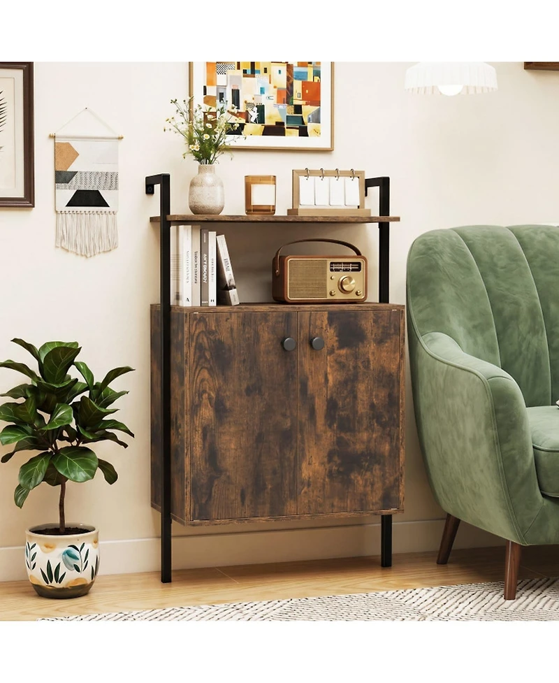 Sugift Wall Mount Bookshelf with 2-Door Storage Cabinet and 2-Tier Open Shelving