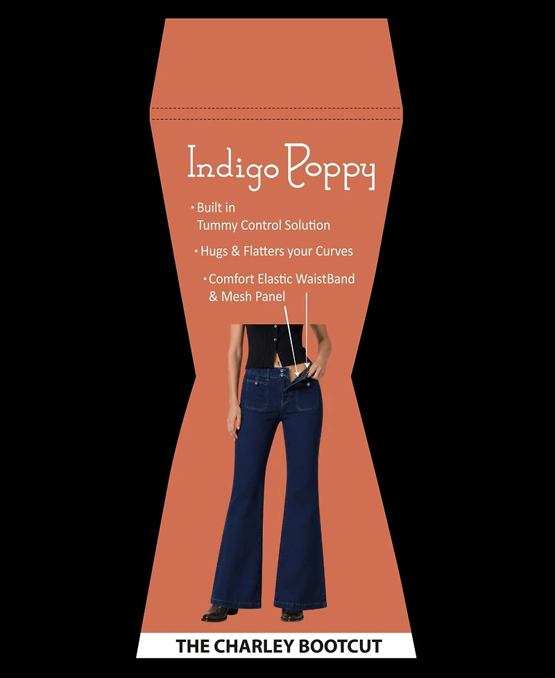 Indigo Poppy Women's Two Button Tummy Tuck High Rise Patch Pocket Tab Bootcut Jean