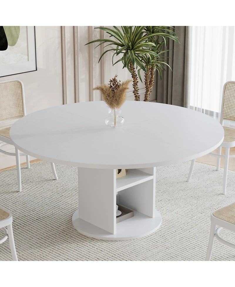 47.24 Inch Round Farmhouse Dining Table With 2 Tier Shelf, Seats 4 6 People, Wooden Frame, Sturdy Wood Base, Modern Circular Table For Kitchen