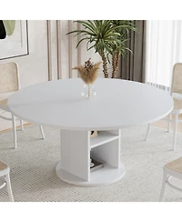 47.24 Inch Round Farmhouse Dining Table With 2 Tier Shelf, Seats 4 6 People, Wooden Frame, Sturdy Wood Base, Modern Circular Table For Kitchen