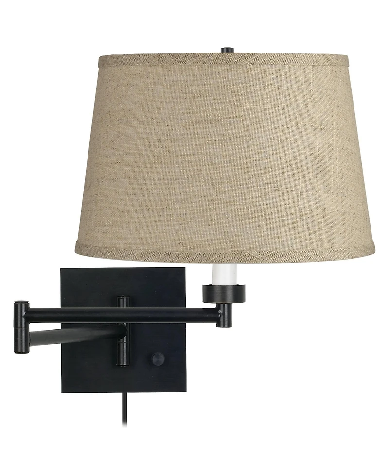 Barnes and Ivy Rustic Farmhouse Swing Arm Wall Lamp Espresso Black Plug-in Light Fixture Burlap Fabric Drum Shade for Bedroom Bedside Living Room Home