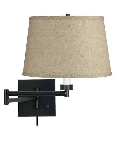 Barnes and Ivy Rustic Farmhouse Swing Arm Wall Lamp Espresso Black Plug-in Light Fixture Burlap Fabric Drum Shade for Bedroom Bedside Living Room Home