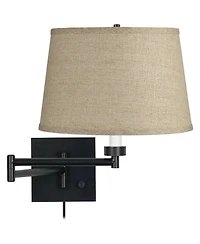 Barnes and Ivy Rustic Farmhouse Swing Arm Wall Lamp Espresso Black Plug-in Light Fixture Burlap Fabric Drum Shade for Bedroom Bedside Living Room Home