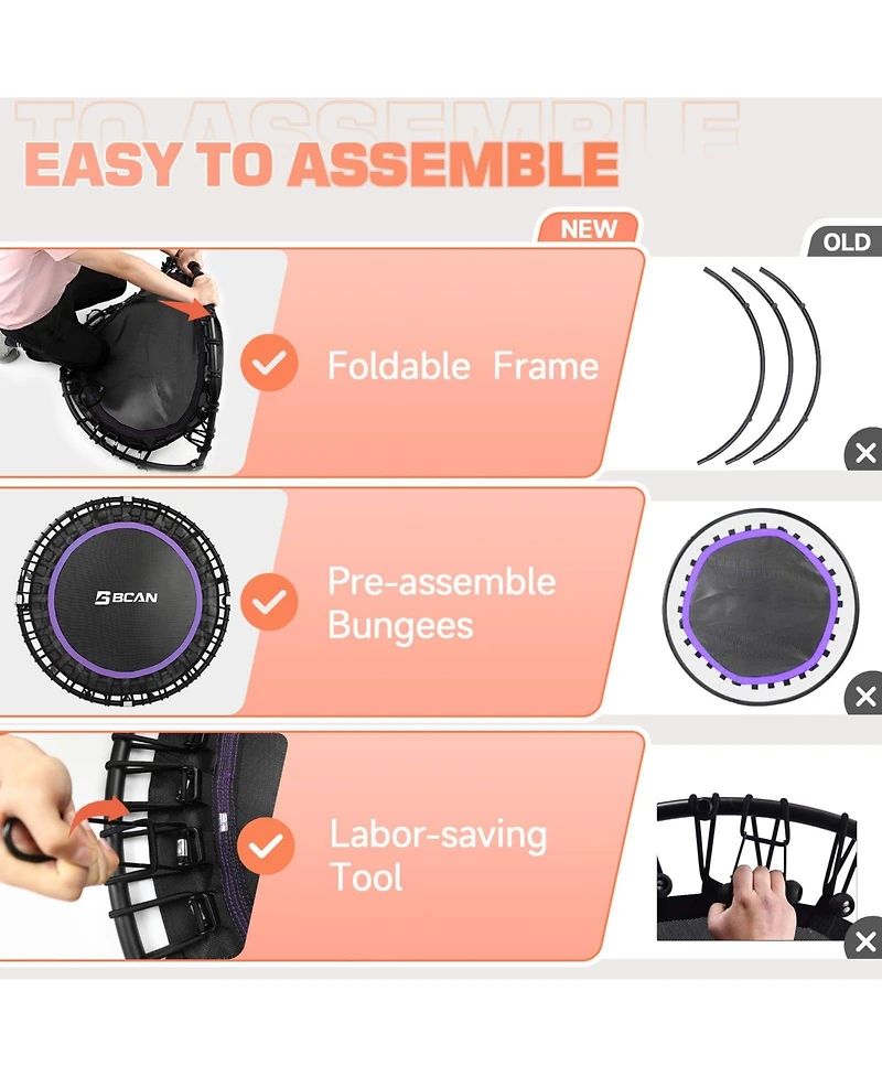 Bcan BT2 450LBS Foldable Mini Trampoline for Adults, 40 Inch Fitness Rebounder with Bungees, Quiet Stable Exercise Trampoline