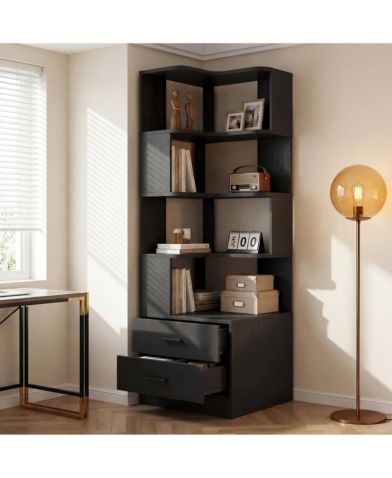 Aheaplus Small 6-Tier Corner Bookcase with 2-Drawers, BookShelf for Bedroom Storage