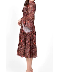 Raas Women's Bandhani Bell Sleeve Tiered Midi Dress