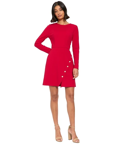 London Times Women's A-Line Long Sleeve Crewneck Dress
