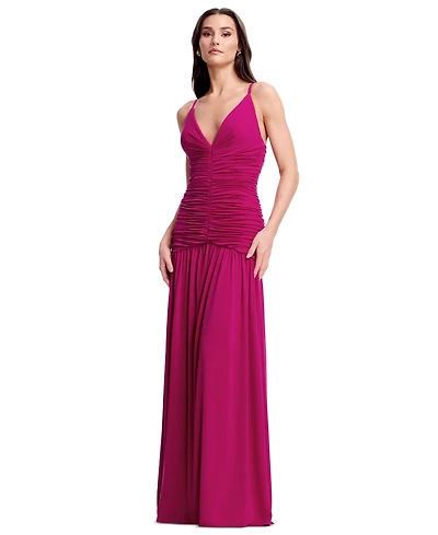 Dress the Population Women's Sleeveless Deep V-Neck Ruched Maxi