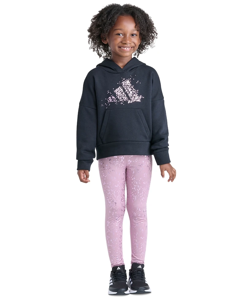 adidas Girls' 2T-6X Hooded Kangaroo-Pocket All-Over-Print Pullover and Leggings, 2-Piece Set