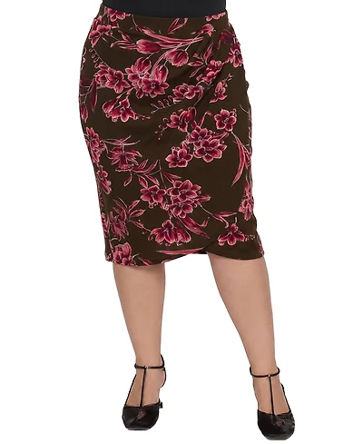 24seven Comfort Apparel Plus Size Tulip Floral-Print Draped Pencil Skirt