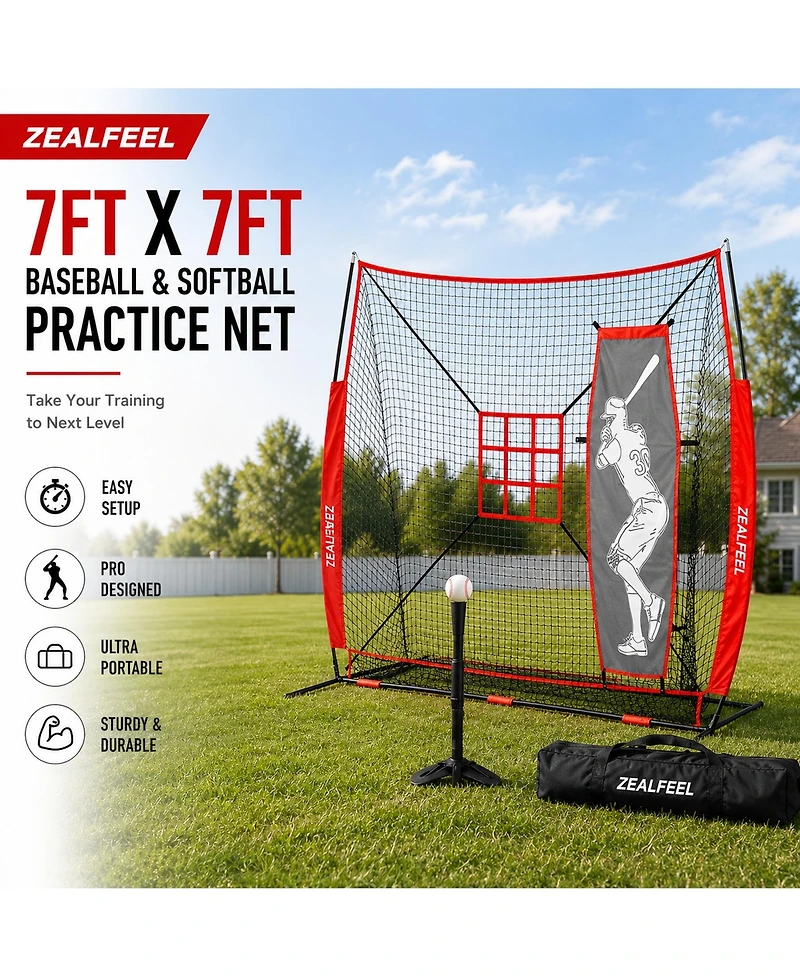 Zealfeel Baseball Net, 7x7 ft Pitching and Batting Net with Dummy Batter, Ball Collection 2 Strike Zones, Batting Tee, Carry Bag, Baseball Net