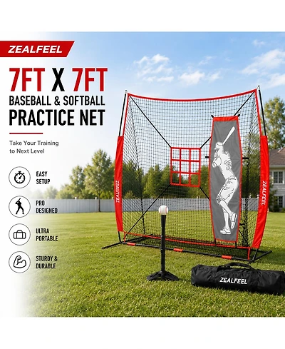 Zealfeel Baseball Net, 7x7 ft Pitching and Batting Net with Dummy Batter, Ball Collection 2 Strike Zones, Batting Tee, Carry Bag, Baseball Net