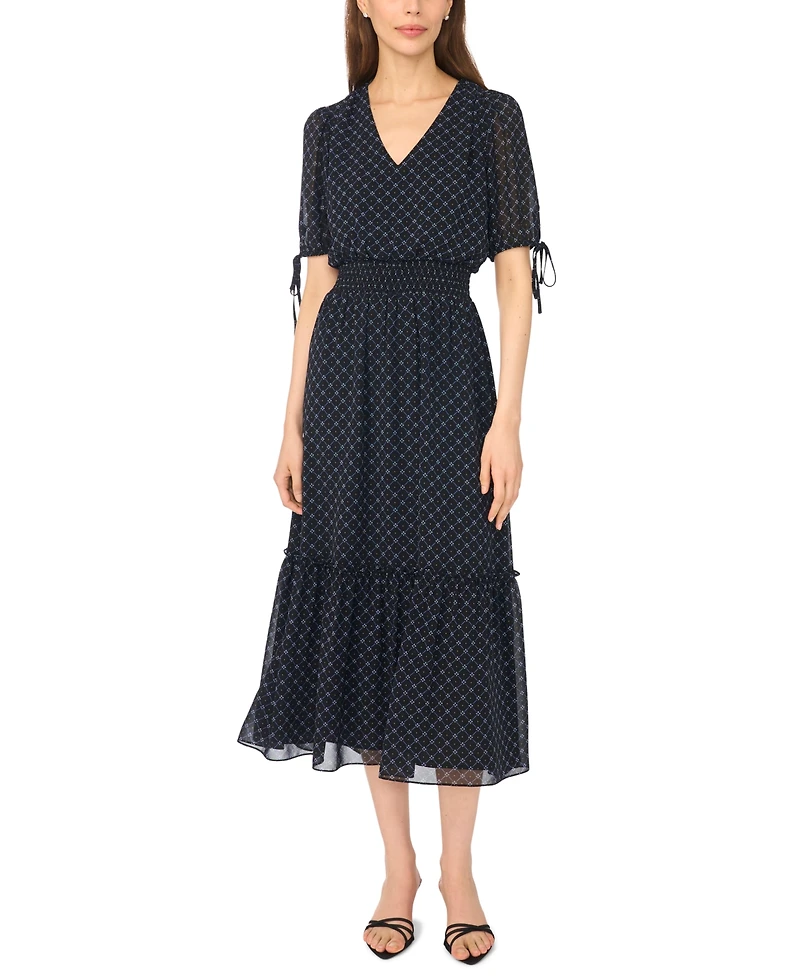 CeCe Women's V-Neck Chiffon Smocked Waist Dress