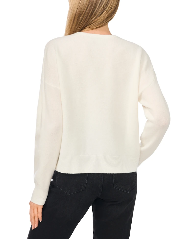 CeCe Women's Contrast Bow Detail V-Neck Long Sleeve Sweater