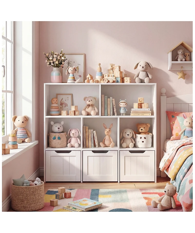 Gymax Toy Storage Organizer with 3 Movable Drawers 5 Open Cubbies and Hidden Wheels