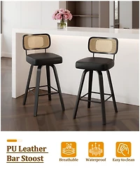Bekrvio 29" Mid-Century Swivel Bar Height Bar Stools, Rattan Back and Faux Leather Kitchen Stools