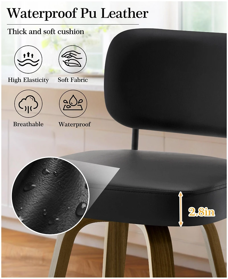 Bekrvio 29" Swivel Bar Stool, Pu Leather Back with Footrest and Solid Wood Frame, Height for Kitchen Island, Mid-Century Modern