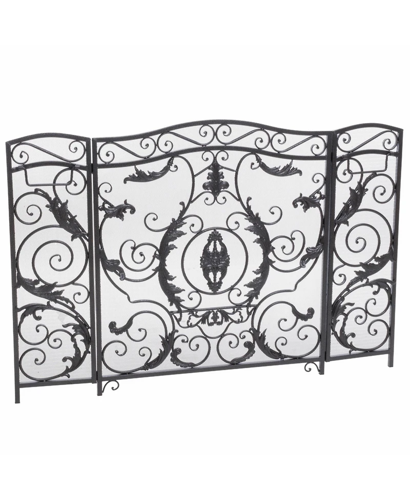 sumyeg Traditional 3 Panel Folding Fireplace Screen with Iron Frame and Decorative Scrollwork