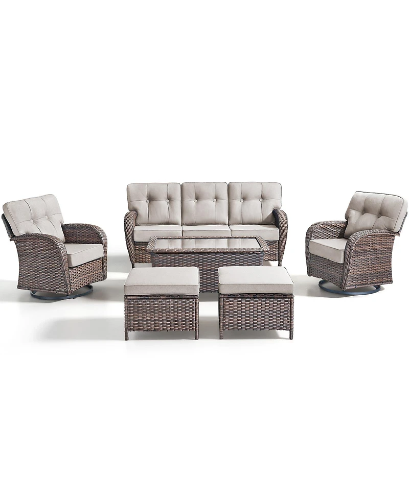 Pocassy High Back Patio Furniture Set with 5-Inch Thick Cushion, 6-Piece Outdoor Conversation Sofa, Swivel Rocker Chairs and Ottomans