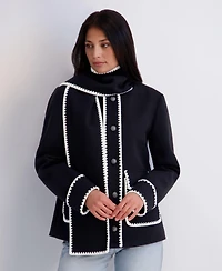 Kensie Women's Scarf Collar Faux Wool Jacket with Whipstitch Detail