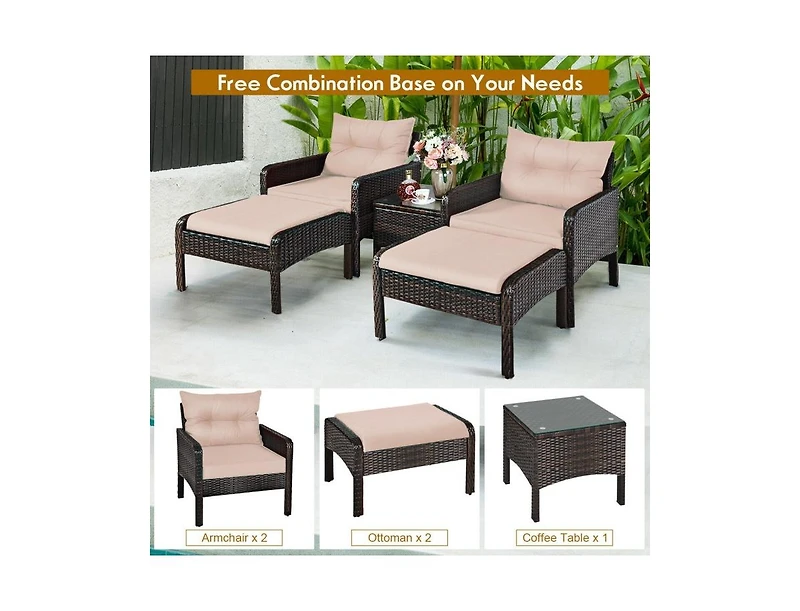 5 Pcs Patio Rattan Sofa Ottoman Furniture Set with Cushions