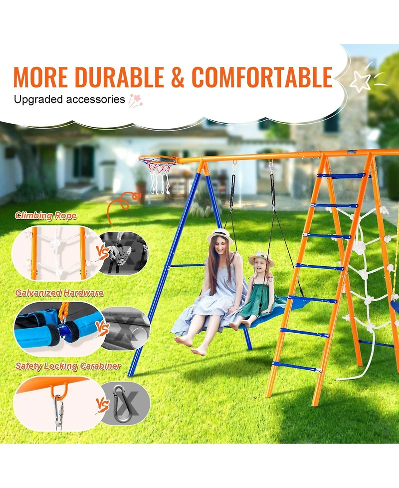 Glintex 6-in-1 Metal A-Frame Swing Set with 2 Swings, Trapeze Bar, Climbing Ladder, Climbing Net & Basketball Hoop, 440 lb Capacity, Ages 3-12