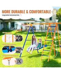 Glintex 6-in-1 Metal A-Frame Swing Set with 2 Swings, Trapeze Bar, Climbing Ladder, Climbing Net & Basketball Hoop, 440 lb Capacity, Ages 3-12