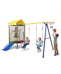 Glintex 5-in-1 Backyard Playset with 40 in Trampoline, Slide, Swing Set, 330 lb Capacity, Ages 8+