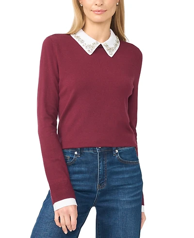 CeCe Women's Dupraz Jewel-Collar Long-Sleeve Sweater