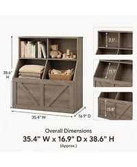Gaomon Kids Toy Storage Organizer and Bookshelf, Farmhouse Wood Cabinet with Open Cubbies Bins, Anti-Tip Safety Design