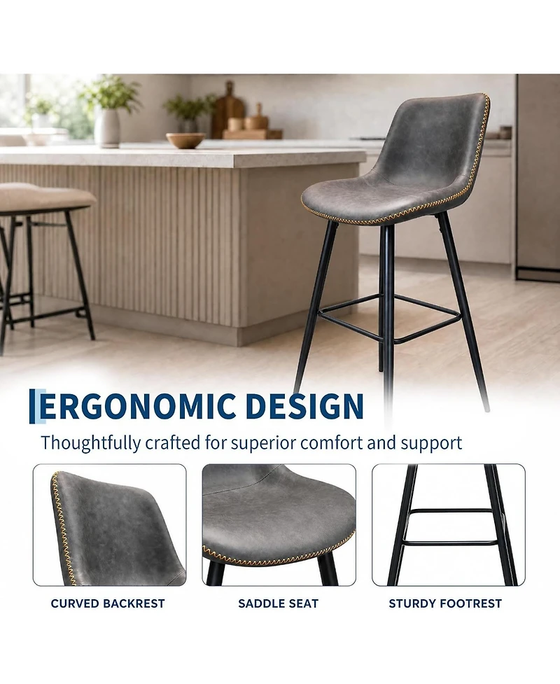 homfan Bar Stools Set of 2 with Backs, Counter Height Faux Leather Barstools, Metal Legs, Sawtooth Stitching, 350 lb