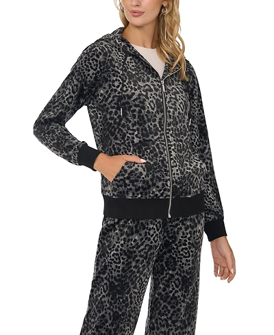 Vince Camuto Women's Velour Animal-Print Zip-Front Hoodie Jacket