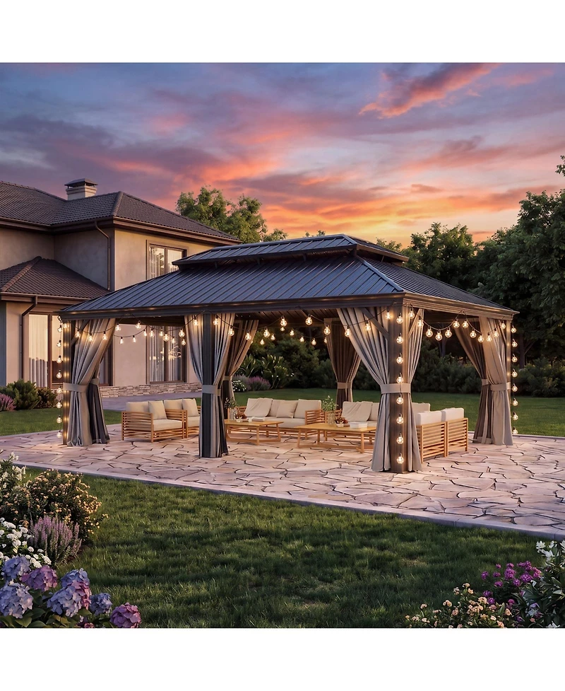 Aoxun Aluminum Hardtop Gazebo, Double Steel Roof Pavilion with Drainage System and Netting