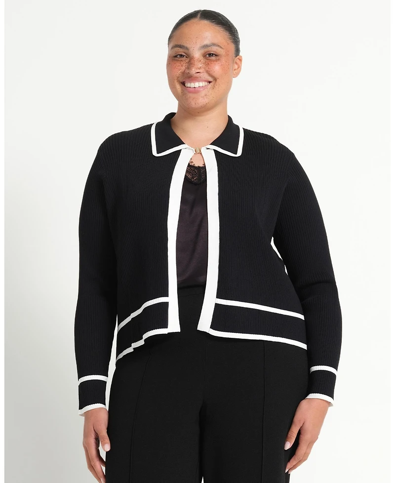 Estelle Women's Gracie Contrast Ribbed Collared Long Sleeve Cardigan