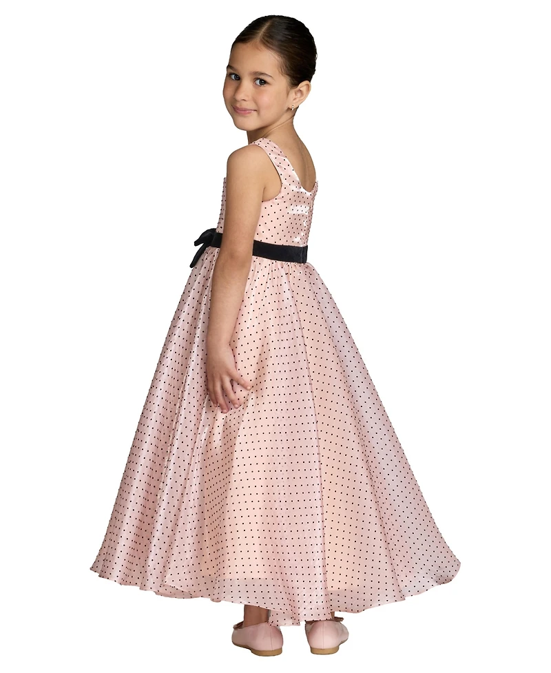 Mac Duggal Big Girls Polka Dot Chiffon Maxi Dress with Bow Sash