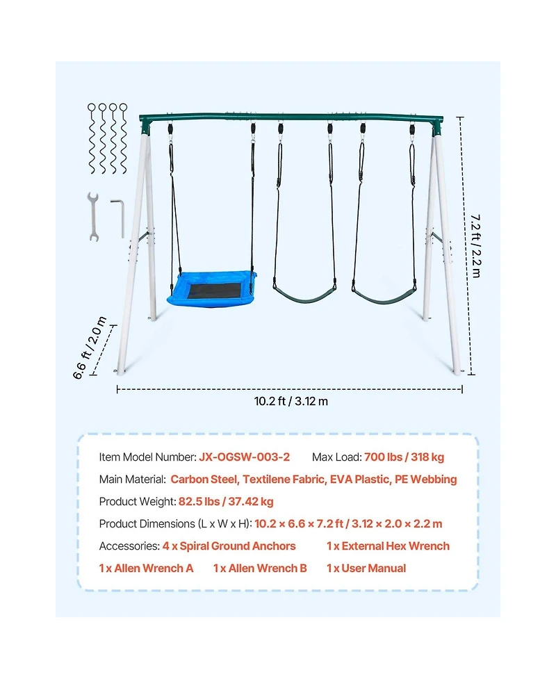 Glintex Backyard A-Frame Swing Set, 700 lb Capacity, Three Seats, Ages 3+