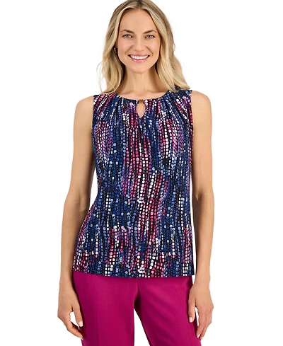 Kasper Women's Printed Pleat-Neck Keyhole Sleeveless Top