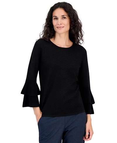 Kasper Petite Flare-Sleeve Boat Neck Textured-Stitch Sweater
