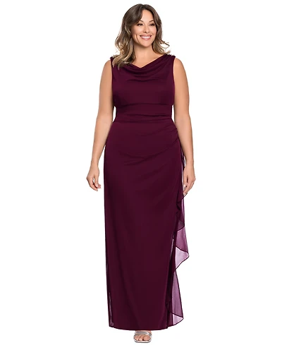 B&A By Betsy and Adam Plus Size Ruched Back Cowl Neck Ball Gown