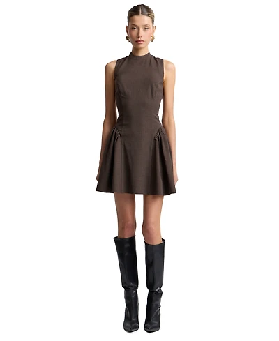 Avec Les Filles Women's Stretch Plaid Mock Neck Flounce Mini Dress