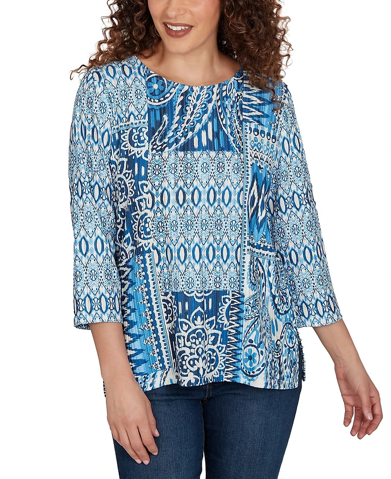 Alfred Dunner Women's Medallion Navy Patchwork Knit Top