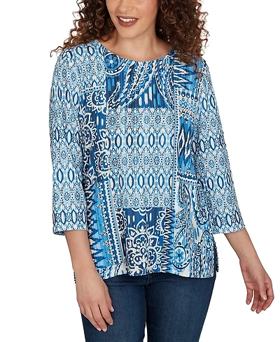 Alfred Dunner Women's Medallion Navy Patchwork Knit Top