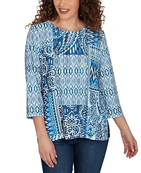 Alfred Dunner Women's Medallion Navy Patchwork Knit Top