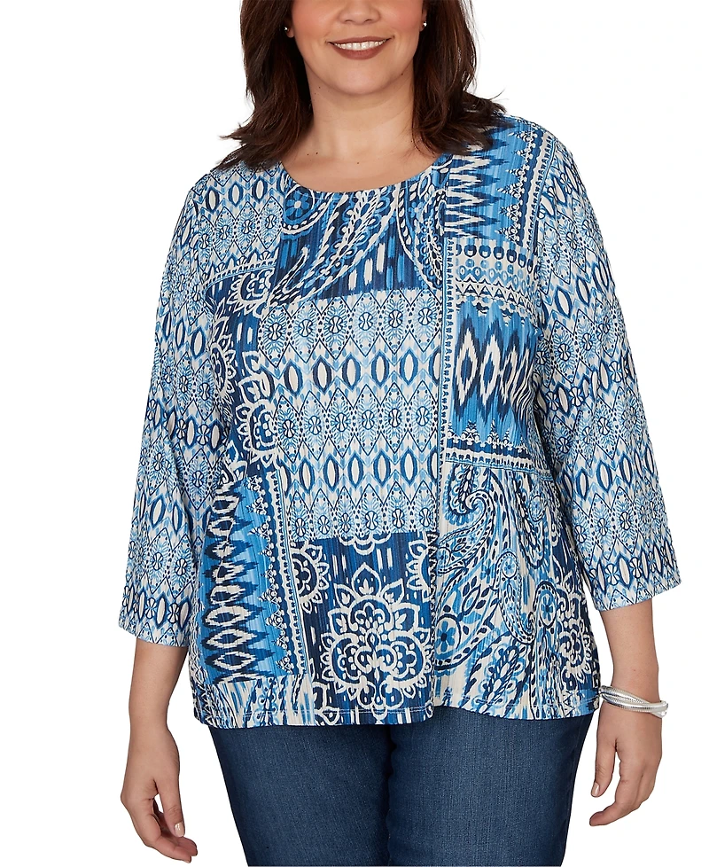 Alfred Dunner Plus Medallion Navy Patchwork Knit Top