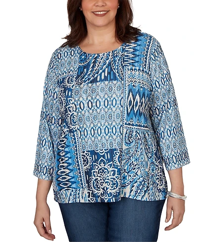 Alfred Dunner Plus Medallion Navy Patchwork Knit Top