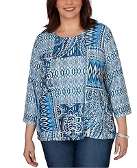 Alfred Dunner Plus Medallion Navy Patchwork Knit Top