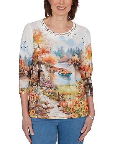 Alfred Dunner Petite Autumn Lake Scenic Print Top